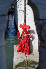 Venise, Italie, 27 février 2014 : Carnaval de Venise, Une femme en costume de plumes rouges, sur...