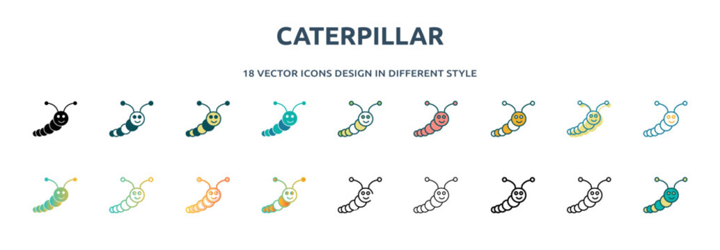 caterpillar icon in 18 different styles such as thin line, thick line, two color, glyph, colorful, lineal color, detailed, stroke and gradient. set of caterpillar vector for web, mobile, ui