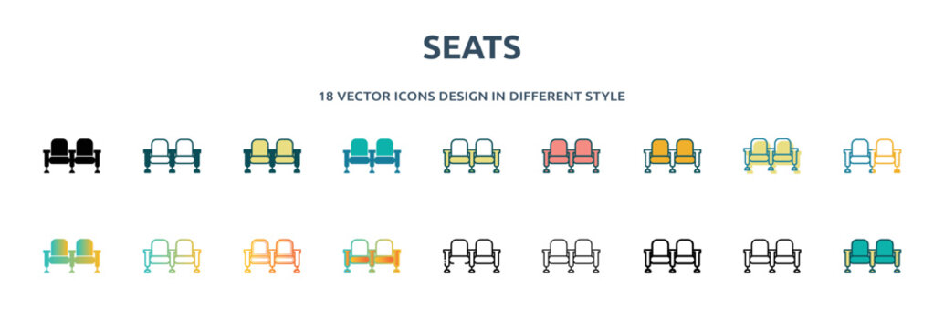 seats icon in 18 different styles such as thin line, thick line, two color, glyph, colorful, lineal color, detailed, stroke and gradient. set of seats vector for web, mobile, ui