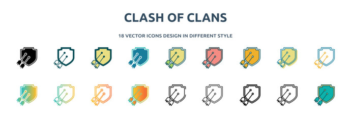 clash of clans icon in 18 different styles such as thin line, thick line, two color, glyph, colorful, lineal color, detailed, stroke and gradient. set of clash of clans vector for web, mobile, ui