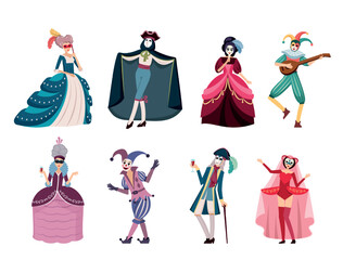 masquerade people. happy male and female characters in fashioned costumes masked faces dresses and pants costumes for ball. Vector prince queen and princess