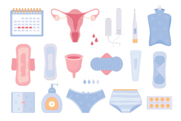 menstruation. female periods different self items calendars tampons soft pads at blood uterus and drugs. Vector pictures in flat style