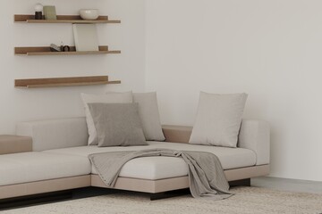 3d rendering of modern living room with beige sofa, carpet on concret floor, decorative wall with wooden panels, open shelves with decorative books, lamp, poster and photo frames, apartment mockup	