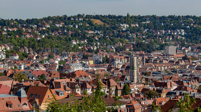 Panorama of Stuttgart West, Germany, Wide view over houses, roofs, churches and buildings on a sunny summer day