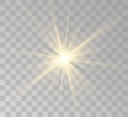 A series of transparent vector effects. Easy replacement of EPS10 lights.Set of golden glowing lights effects isolated on transparent background. Solar flare with beams and spotlight. Glow effect. Sta