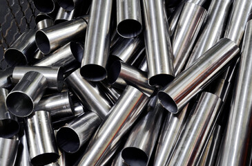 Steel and metal pipes for industrial production. Concept of rising costs of raw materials. New...