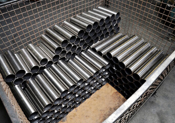Steel and metal pipes for industrial production. Concept of rising costs of raw materials. New...