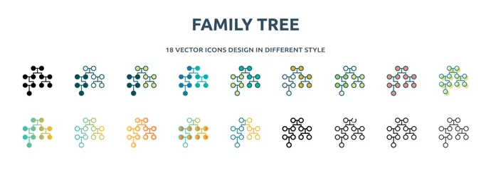 Fotobehang family tree icon in 18 different styles such as thin line, thick line, two color, glyph, colorful, lineal color, detailed, stroke and gradient. set of family tree vector for web, mobile, ui © IconArt