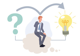 Businessman is thinking on bubble connect question mark to lightbulb solution. Problem solving skill,finding solution to solve problem, answer question.