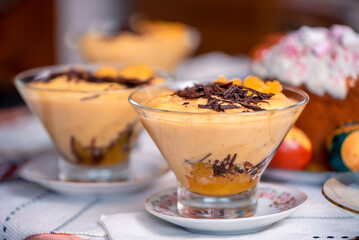 Orange Curd With Dark Chocolate. Homemade Dessert Of Oranges In Glass Bowls. Custard Cream Based On Juice. Treat For Coffee. Grandmother's Recipe. Selective Focus. Close Up.