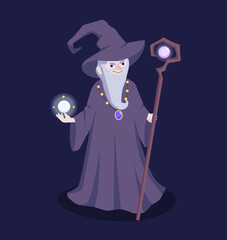 Flat illustration of medieval wise magician in a hat