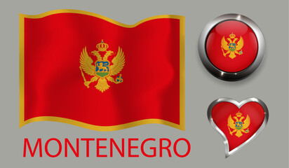 set nation Montenegro flag glossy button heart