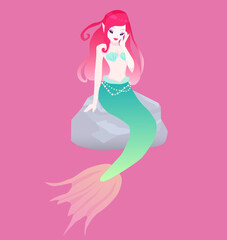 Fototapeta na wymiar Pretty mermaid with green tale and pearls, isolated fantasy character.