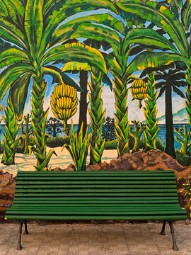 A scene corresponding to a banana plantation has been painted on the wall of a house. A bench next to the wall invites reflection
