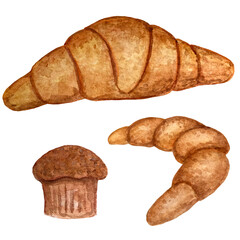 Watercolor illustration of croissant, cupcake and cone. Hand-drawing icons of pastries or bakery products. Transparent background.