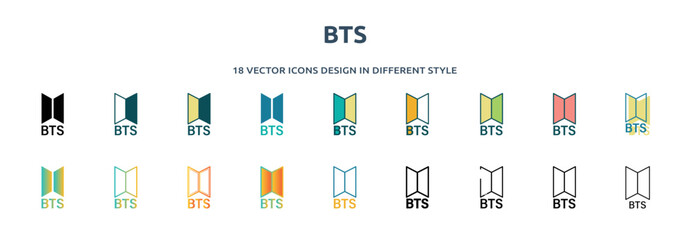bts icon in 18 different styles such as thin line, thick line, two color, glyph, colorful, lineal color, detailed, stroke and gradient. set of bts vector for web, mobile, ui