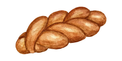 Watercolor illustration of wicker loaf or long loaf. The hand-drawing icon of pastries or bakery products. Transparent background
