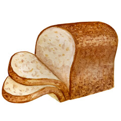 Watercolor illustration of white bread or bread for toast. The hand-drawing icon of pastries or bakery products. Transparent background