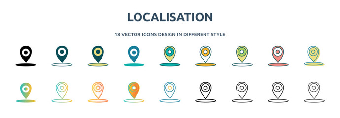 localisation icon in 18 different styles such as thin line, thick line, two color, glyph, colorful, lineal color, detailed, stroke and gradient. set of localisation vector for web, mobile, ui