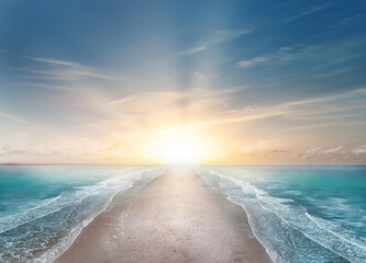 walking sea way with a sunrise horizon