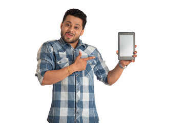 Young handsome man, businessman showing a blank screen of a smartphone or mobile or tablet phone on white background