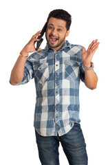 Fototapeta premium Young handsome man holding and using smartphone or mobile or tablet phone on a white background