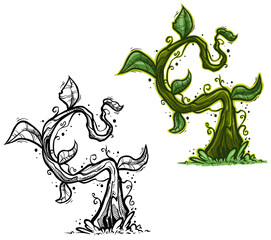 Graphic cartoon green plant branch, stem with leaves and thorns. Isolated on white background. Vector icon set.