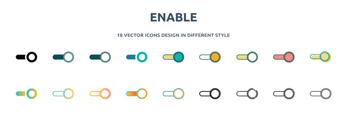 enable icon in 18 different styles such as thin line, thick line, two color, glyph, colorful, lineal color, detailed, stroke and gradient. set of enable vector for web, mobile, ui