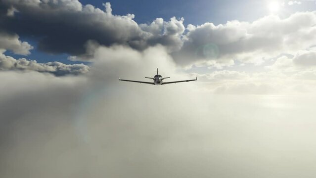 Front view of a generic small private airplane flying through clouds.  A plane with one propeller engine traveling above the ocean.