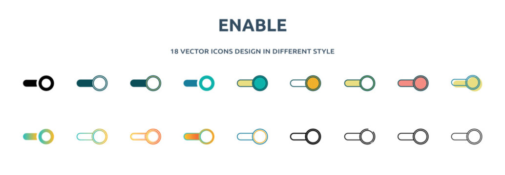 enable icon in 18 different styles such as thin line, thick line, two color, glyph, colorful, lineal color, detailed, stroke and gradient. set of enable vector for web, mobile, ui