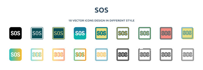 sos icon in 18 different styles such as thin line, thick line, two color, glyph, colorful, lineal color, detailed, stroke and gradient. set of sos vector for web, mobile, ui - obrazy, fototapety, plakaty