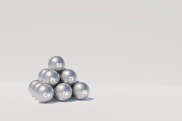 Fototapeta premium A set of metal balls in the form of a pyramid, electric car material. Copy space background 3d illustration