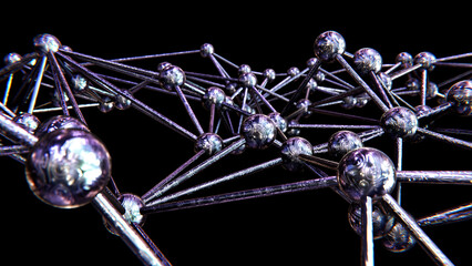 Realistic abstract 3D illustration of the iridescent  metallic alien alloy molecular plexus pattern against black