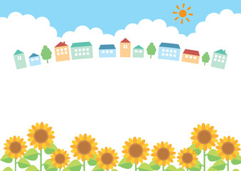 ひまわりとカラフルな家のフレーム背景
