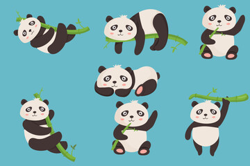  cute panda set different poses cartoon animal design vector illustration
