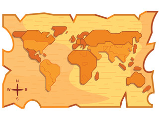World map on a background texture of wooden planks