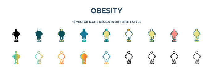 obesity icon in 18 different styles such as thin line, thick line, two color, glyph, colorful, lineal color, detailed, stroke and gradient. set of obesity vector for web, mobile, ui - obrazy, fototapety, plakaty