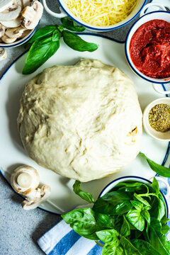 Overhead view of dough, tomato sauce, mushrooms, cheese, basil and oregano ingredients on a table for cooking an Italian pizza