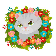 Gray cat in flowers. Pet. Kitten. Vector illustration.