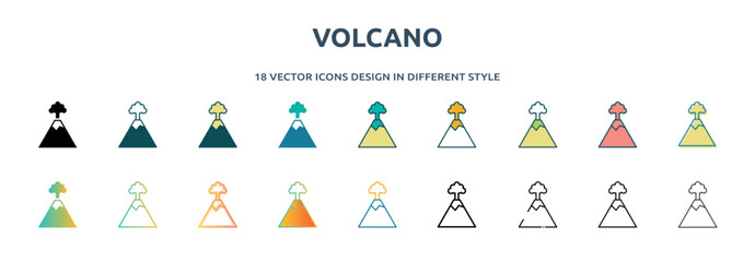 volcano icon in 18 different styles such as thin line, thick line, two color, glyph, colorful, lineal color, detailed, stroke and gradient. set of volcano vector for web, mobile, ui © IconArt