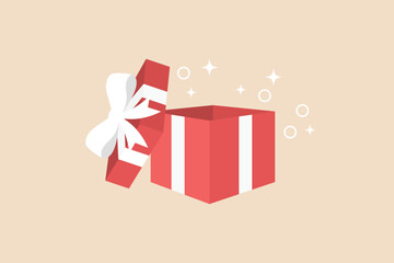 Open gift box with ribbon and stars. Gift box concept. Flat vector illustration isolated.