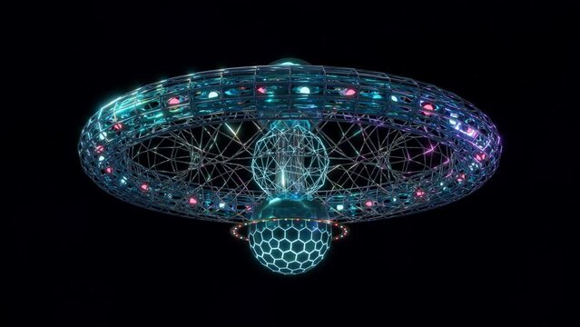 Abstract 3D render futuristic sci-fi construction of shiny sphere lights rings and other objects rotating transforming. Great for scientific, technological, industrial, futuristic, luxury, sci-fi illu