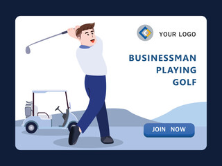 Businessman hitting golf in golf club, driving golf, golfer man cartoon character vector illustration.