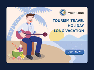 ัbusinessman playing guitar, tourism travel holiday long vacation on beach , relaxing, cartoon character vector illustration.