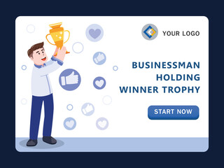 businessman holding winner trophy, winner cup and celebrating achievement, cartoon character vector illustration.