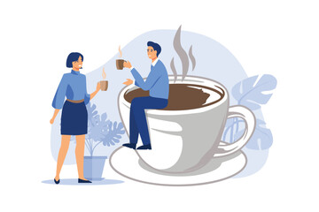 Coffee break, businessman and businesswoman colleague take a break having coffee and have a chat. flat design modern illustration