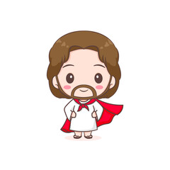 Cute Jesus as a hero with red cloak. Chibi cartoon character isolated white background.