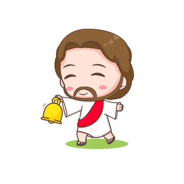 Cute Jesus holding golden ring bell. Chibi cartoon character isolated white background.