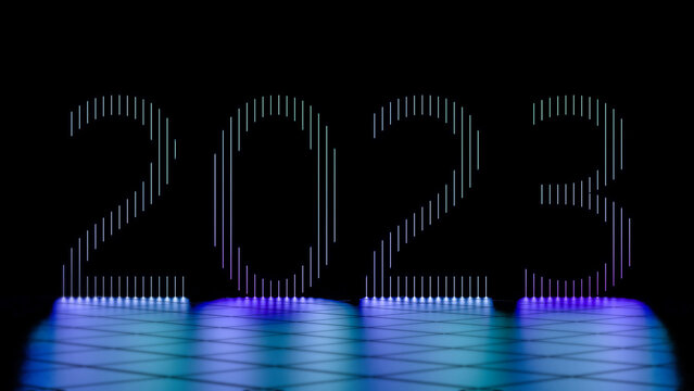 2023 neon purple-green on a black background. 2023 number. 3D render.