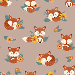 Seamless pattern with cute foxies and floral elements. Vector illustration.